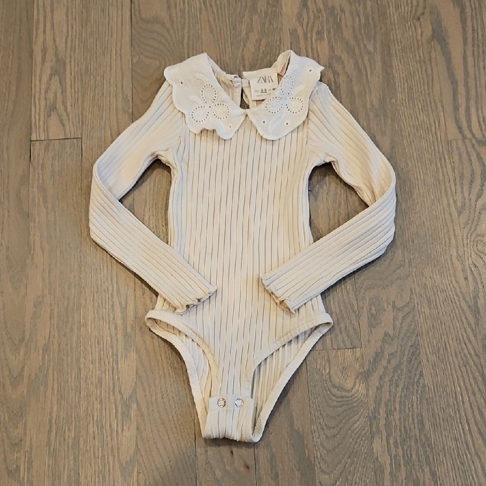 Zara Kids Cream Ribbed Bodysuit with Floral Collar
